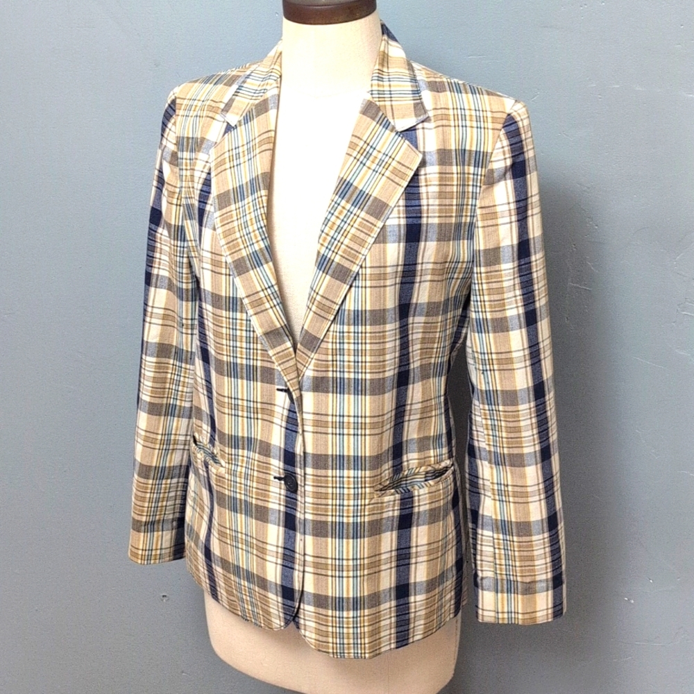 Vintage Donnkenny neutral plaid cotton blend 2 button blazer w pockets. Sz 14